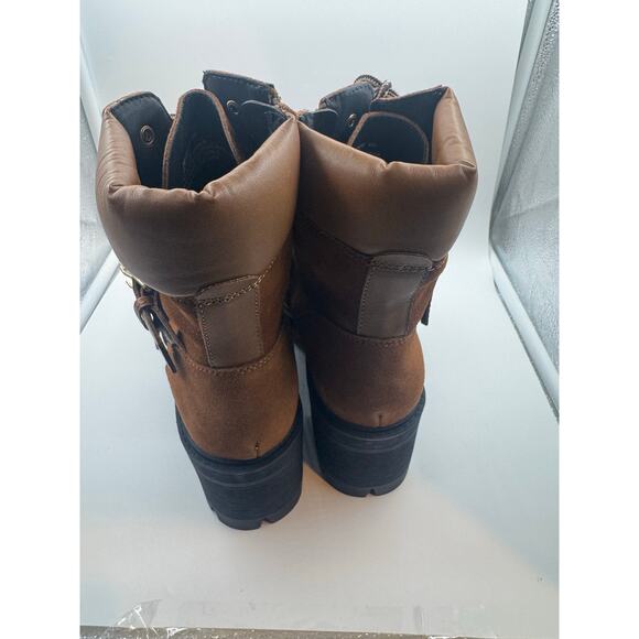 AQUA Genie Buckle Hiker Leather Biker Boots Cognac size 8m Eyes Lace-up Gold new - Picture 8 of 15